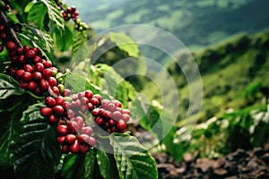 branch of ripe red coffee beans growing in mountain