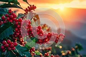 branch of ripe red coffee beans growing in mountain at sunset