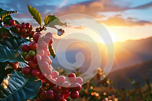 branch of ripe red coffee beans growing in mountain at sunset