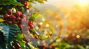 branch of ripe red coffee beans growing on plantation with sunshine