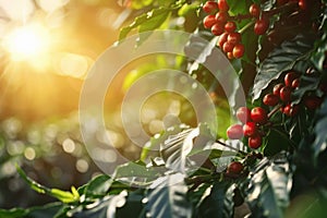 branch of ripe red coffee beans growing on plantation with sunshine