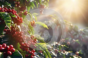 branch of ripe red coffee beans growing on plantation with sunshine