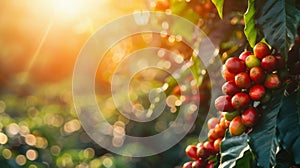 branch of ripe red coffee beans growing on plantation with sunshine