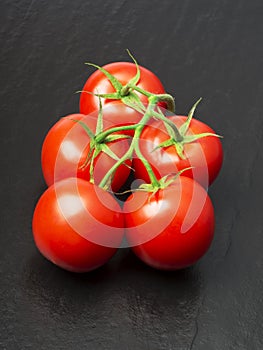 Branch of ripe red organic tomatoes with green leaves on a black background. selective focus