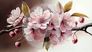 A branch of sakura in full bloom, with delicate pink petals and small green leaves, generative ai illustration
