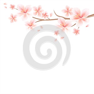 Branch of Sakura with Pink flowers and flying petals isolated.