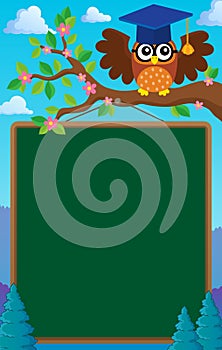 Branch with schoolboard and owl