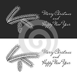 A branch of spruce with a cone in a minimalist style, a set of simple black and white greeting cards with Christmas and New Year