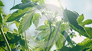 A branch of toxic Giant Hogweed with characteristic leaves against a bright sky illustration