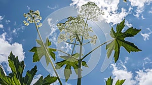 A branch of toxic Giant Hogweed with characteristic leaves against a bright sky illustration