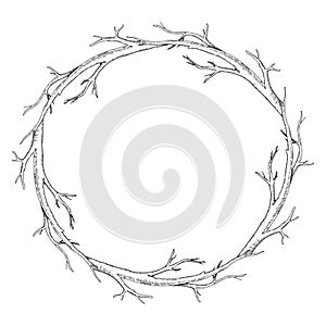 Branch tree wreath. Vector illustration of dry leaf less twig. Hand drawn graphic clipart on isolated background. Linear