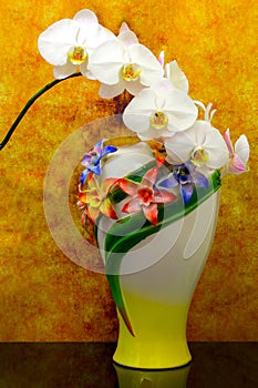 Branch of white phalaenopsis orchids over decorative porcelain vase against grunge background