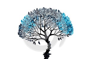 Branched tree with blue leaves on white background