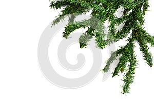 Branches of artificial Christmas tree border on white background