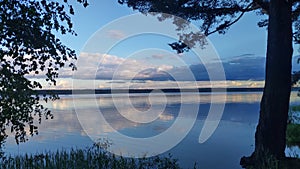 Branches of birch and pine trees overhang the lake water. Reeds grow in the water. In the summer evening, after sunset, the sky wi