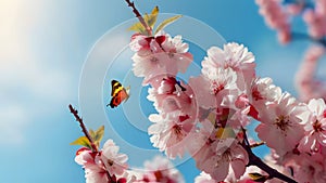 Branches of blossoming cherry on a background of blue sky and butterflies. Pink sakura flowers in springtime. AI Generated