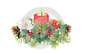 Branches of Christmas tree, candle, holly plant, flowers. Watercolor composition