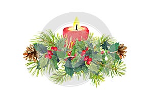 Branches of Christmas tree, candle, mistletoe. Watercolor composition
