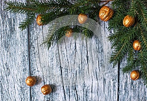 Branches of fir trees with Christmas ornaments of gilded nuts on a background of old wooden panels, Christmas background