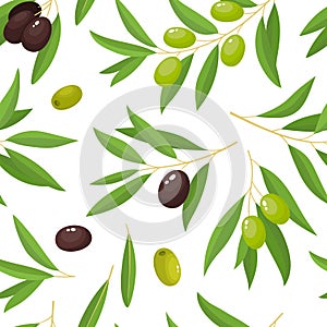 Branches green and black olives seamless on white background