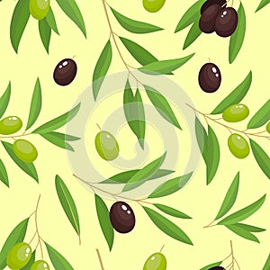 Branches green and black olives seamless on yellow background