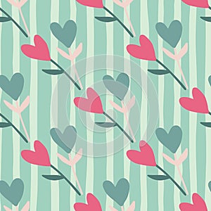 Branches with hearts abstract seamless doodle pattern. Pastel blue and pink elements on turquoise background with strips