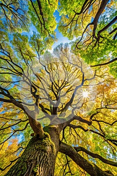 Branches and leafs view from under the trees