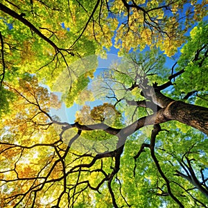Branches and leafs view from under the trees