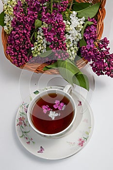 Branches of lilac and white lilac in a wicker basket and a cup of black tea with lilac flowers isolated on a white background