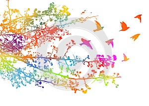 Branches of a multicolored tree with flying birds. Vector illustration