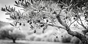 Branches of olive tree in black and white