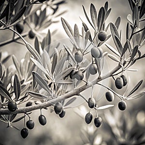 Branches of olive tree in black and white