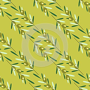 Branches of olive tree. Seamless pattern. Green olive fruit, leaves