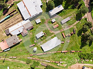 Branches of the railway at the marshalling yard, a lot of freight wagons from the height