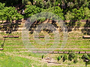 Branches of the railway at the marshalling yard, a lot of freight wagons from the height