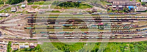 Branches of the railway at the marshalling yard, a lot of freight wagons from the height