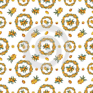 Branches with sea buckthorn berries. Seamless pattern. watercolor hand drawn illustration. On a white background. For