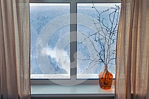 Branches of a tree with buds and blooming spring leaves stand in a vase at the winter window