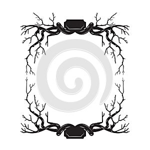 Branches tree roots frame woodcut vintage Line art. vector illustration