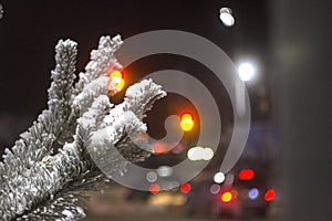 Branches of trees in the hoarfrost against the background of night lights with a bokeh effect