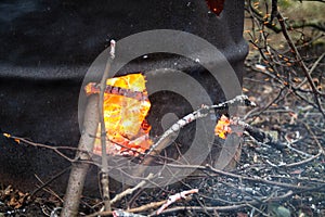 Branches and twigs being burnt in a garden incinerator.