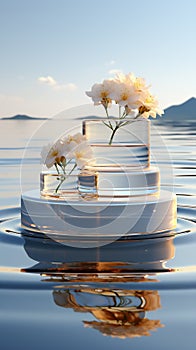 Branches of white spring flowers in glass transparent vases on a white podium on water