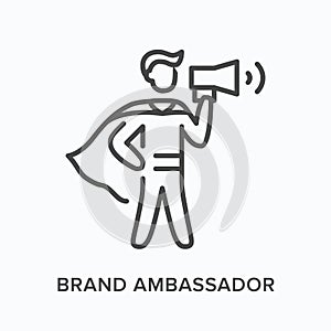 Brand ambassador flat line icon. Vector outline illustration of leadership, hero with megaphone. Influence thin linear