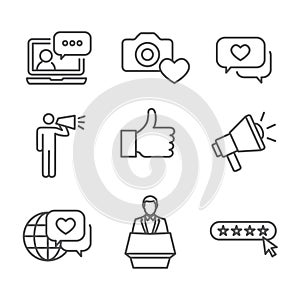 Brand Ambassador Thin Line Outline Icon Set with Megaphone,