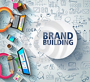 Brand Building concept with Business Doodle design style: company image study, skill testing,best solutions.