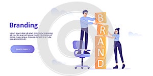 Brand building concept. Business people building brand word. Company personality development. Corporate identity. Landing page
