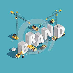 Brand building construction 3d isometric vector concept with construction machinery and workers