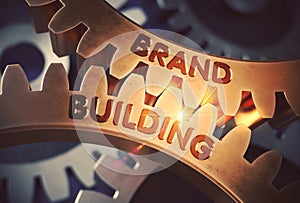 Brand Building on Golden Gears. 3D Illustration.
