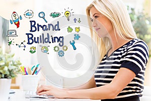 Brand Building with happy young woman in front of the computer