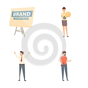 Brand building icons set cartoon vector. Business people building brand words